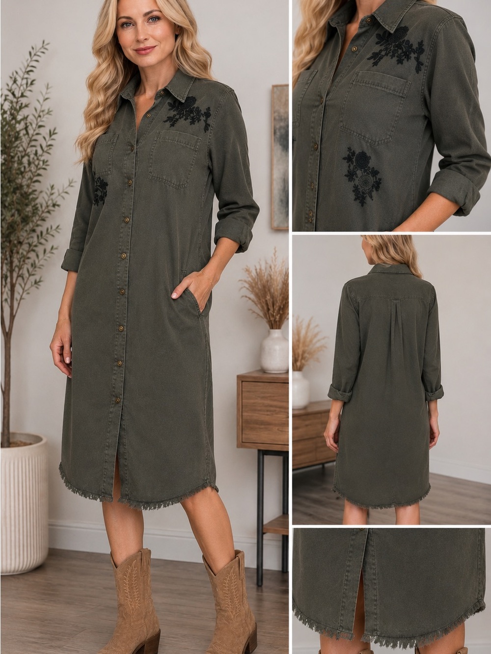 Given Kale Olive Green Embroidered Shirt Dress 100% Cotton Size S